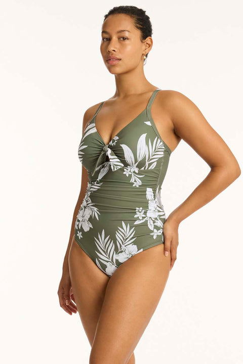 Aloha Tie Front DD/E One Piece Khaki