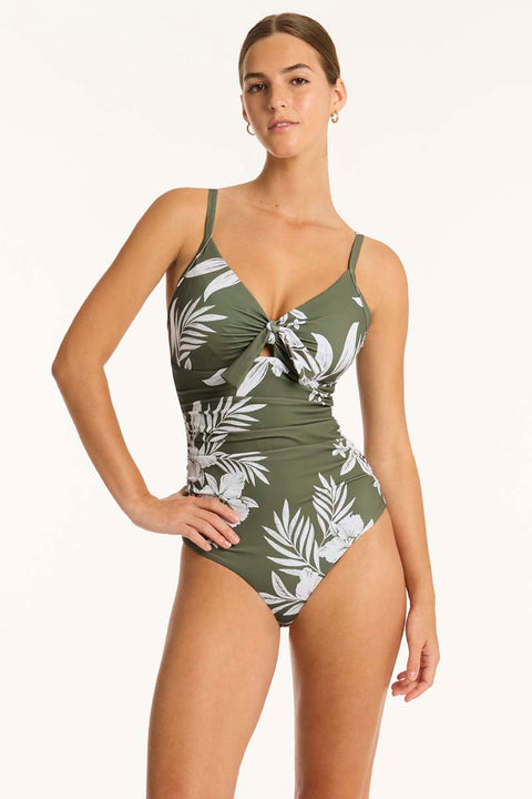 Aloha Tie Front DD/E One Piece Khaki