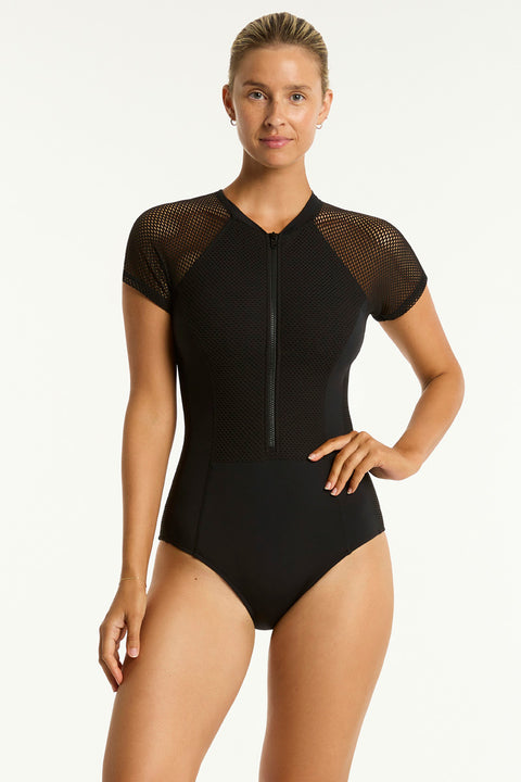 Drift Short Sleeve Mesh One Piece Surf Suit Black