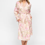 Front view of the Nora Rose Sally Floral Midi Dressing Gown, showing the wrap front, floral print panels, and shell lace trim along the kimono stole.