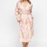 Front view of the Nora Rose Sally Floral Midi Dressing Gown, showing the wrap front, floral print panels, and shell lace trim along the kimono stole.