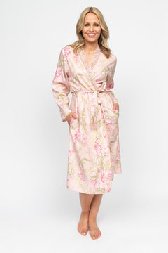 Front view of the Nora Rose Sally Floral Midi Dressing Gown, showing the wrap front, floral print panels, and shell lace trim along the kimono stole.