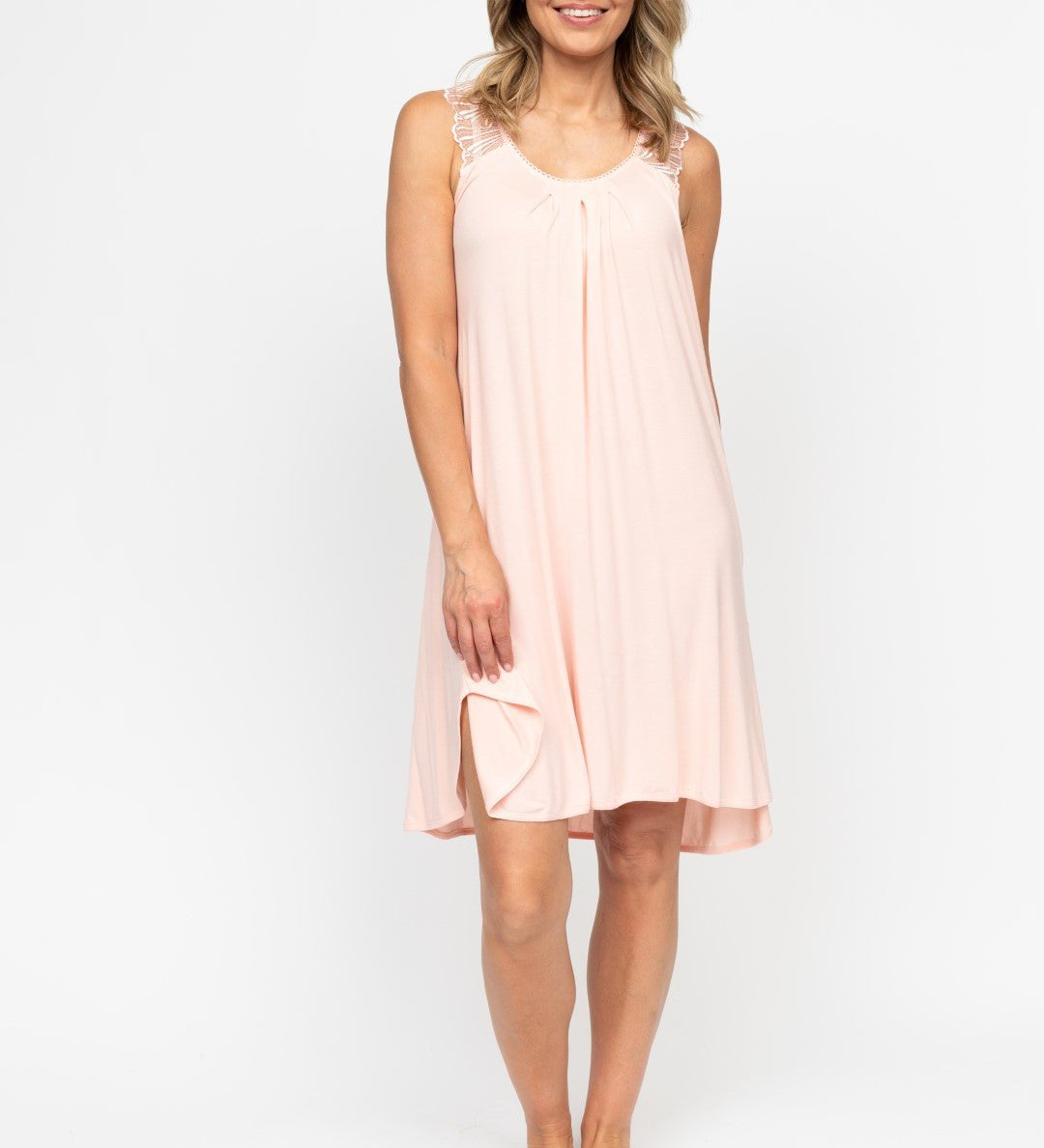 Close-up of the Sally Nightdress fabric and finishing, showcasing the delicate lace shoulder panels and soft modal jersey texture.