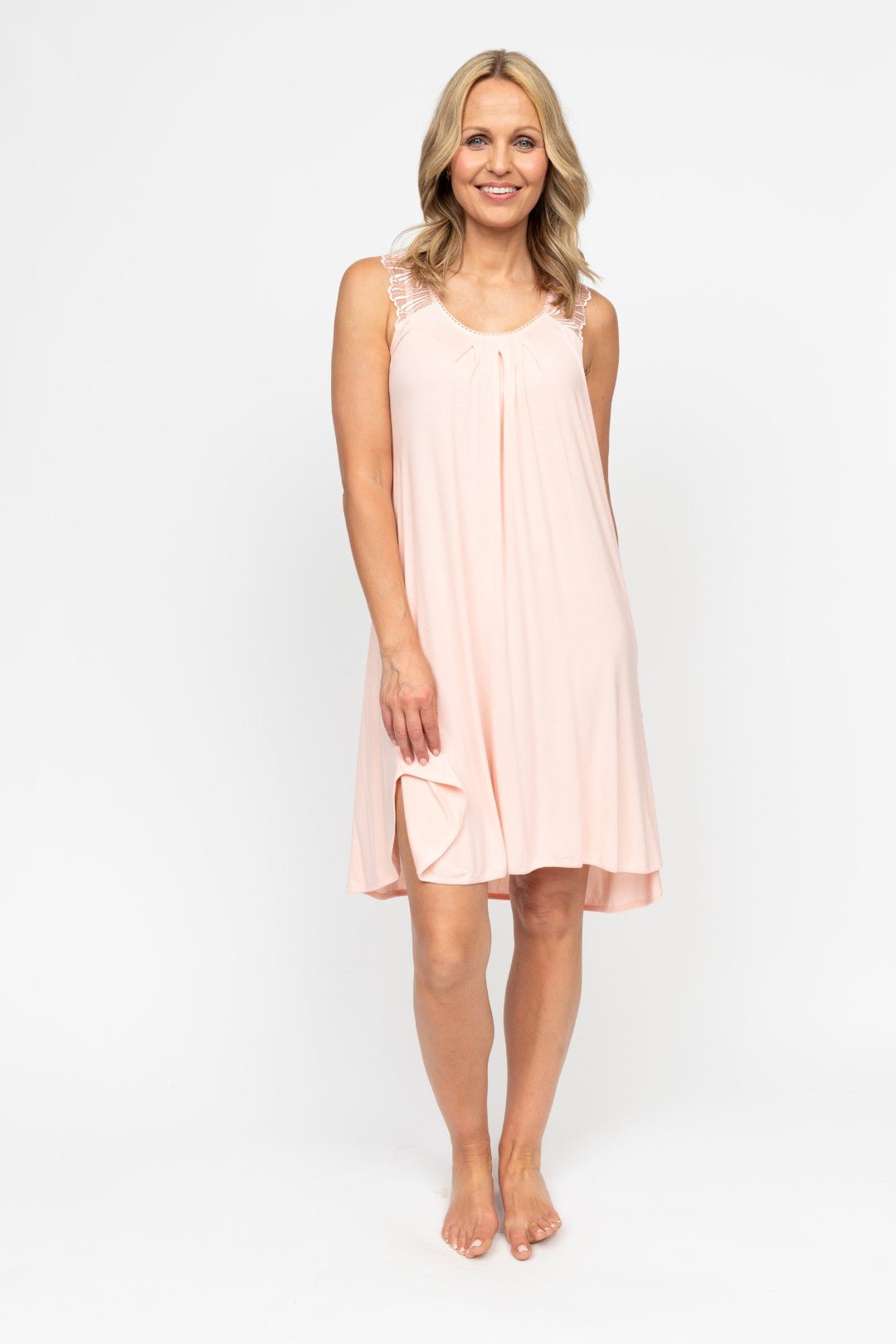 Close-up of the Sally Nightdress fabric and finishing, showcasing the delicate lace shoulder panels and soft modal jersey texture.