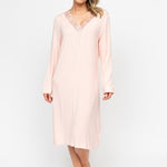 Front view of the Nora Rose Sally Long Sleeve Short Nightdress, showing V-front neckline with shell lace detail and long sleeves.