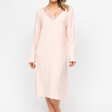 Front view of the Nora Rose Sally Long Sleeve Short Nightdress, showing V-front neckline with shell lace detail and long sleeves.