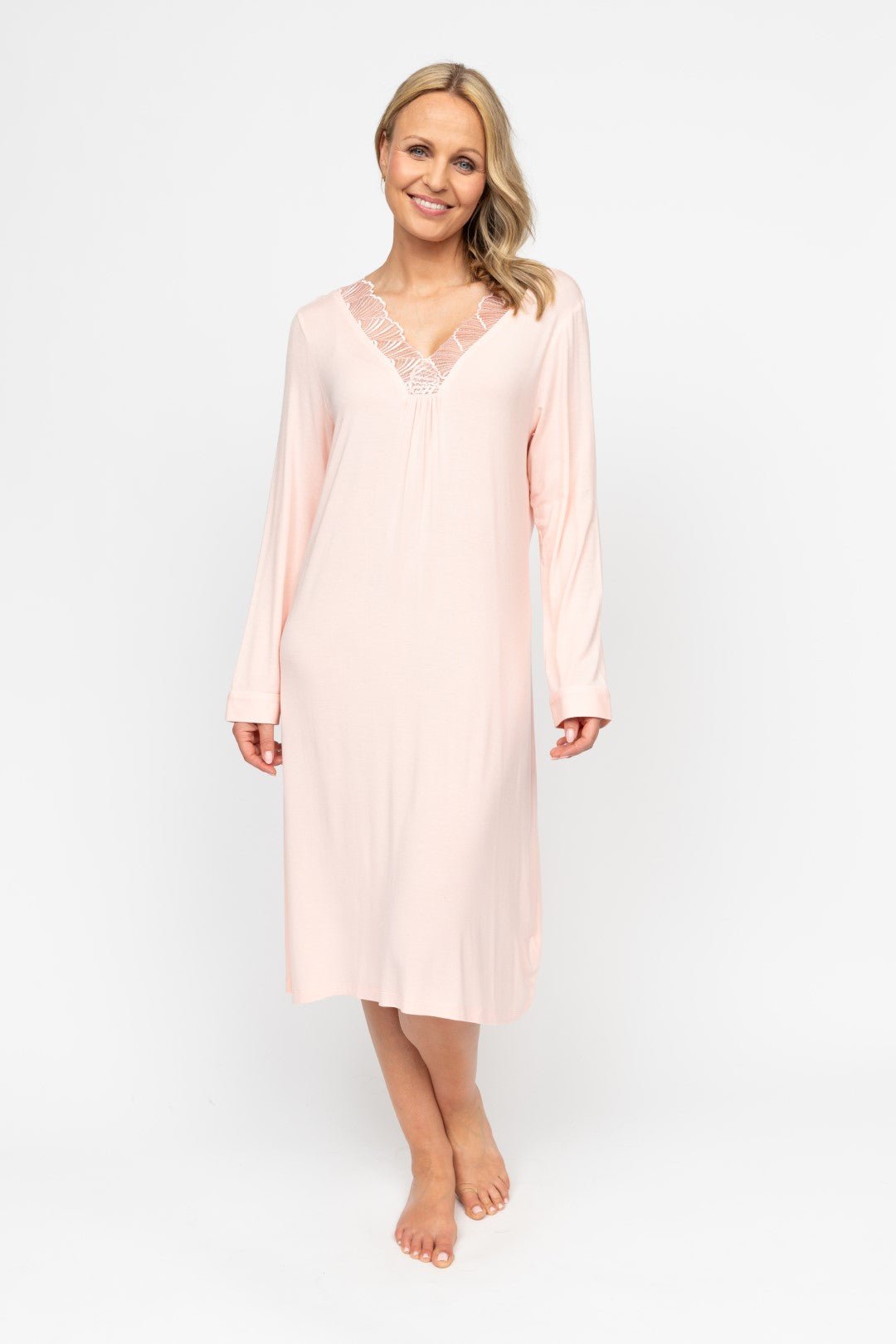 Front view of the Nora Rose Sally Long Sleeve Short Nightdress, showing V-front neckline with shell lace detail and long sleeves.