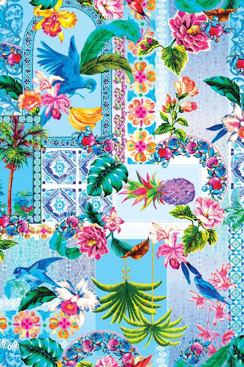 Colorful tropical pattern with birds, flowers, and leaves on a blue background