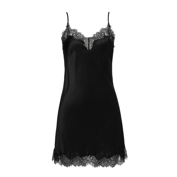Flat lay of the Scarlett Silk Chemise in black, highlighting the detailed eyelash lace trim and smooth silk texture for luxury loungewear appeal.