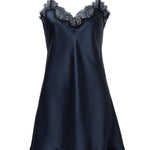 Scarlett Silk Chemise in navy displayed against a white background, featuring intricate eyelash lace trim at the neckline and hem for elegant loungewear.