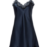 Scarlett Silk Chemise in navy displayed against a white background, featuring intricate eyelash lace trim at the neckline and hem for elegant loungewear.