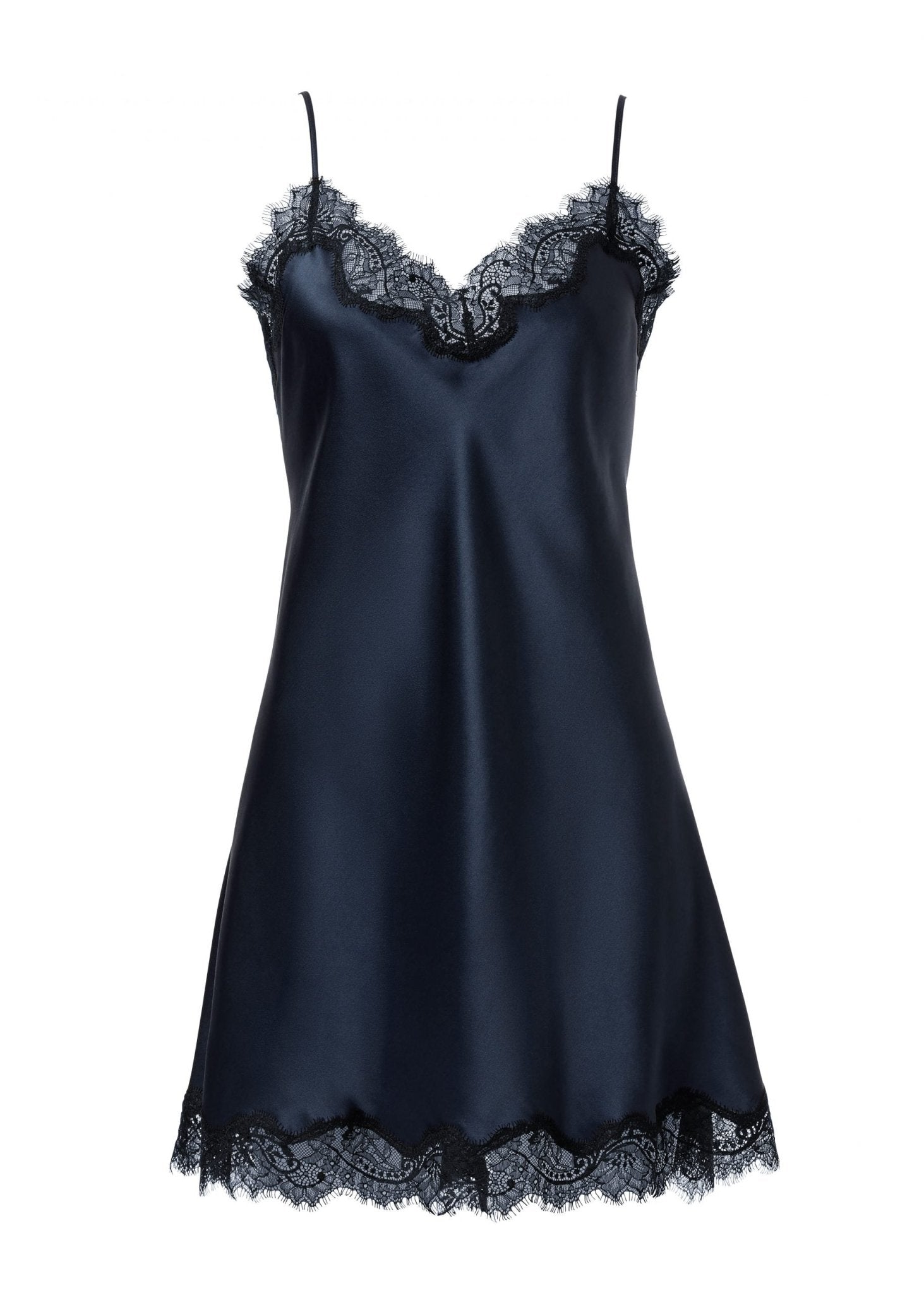 Scarlett Silk Chemise in navy displayed against a white background, featuring intricate eyelash lace trim at the neckline and hem for elegant loungewear.