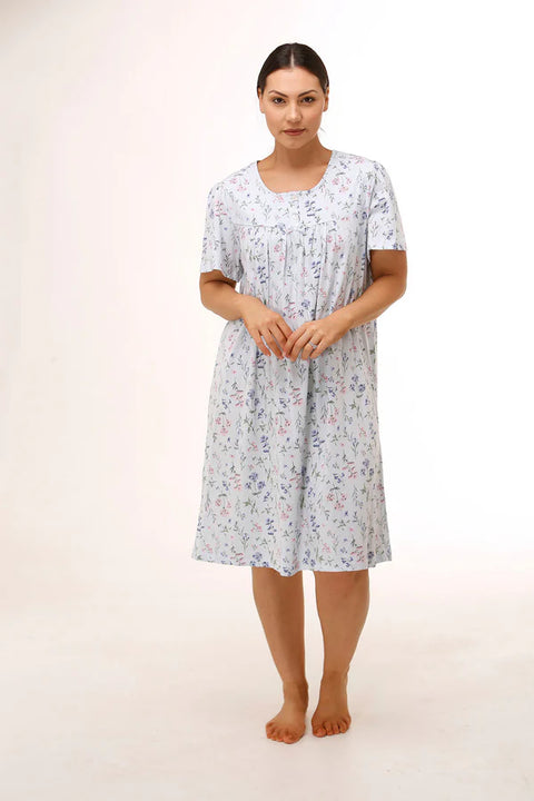 Meadow Short Sleeve Cotton Jersey Nightie Blue