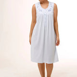 Embroidered Sleeveless Poly Cotton Jersey Nightie Blue