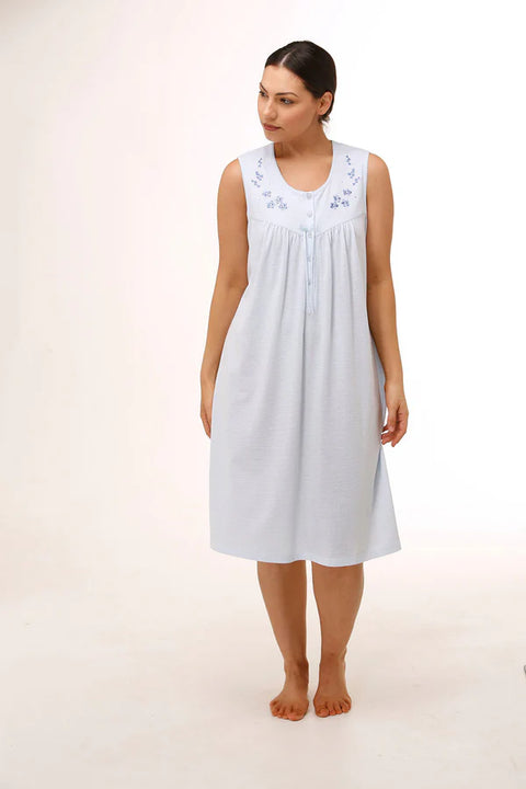 Embroidered Sleeveless Poly Cotton Jersey Nightie Blue