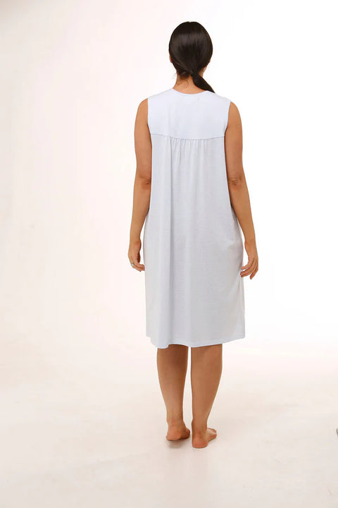 Embroidered Sleeveless Poly Cotton Jersey Nightie Blue