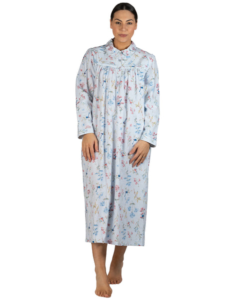 Botanical Flannelette Long Nightie Blue