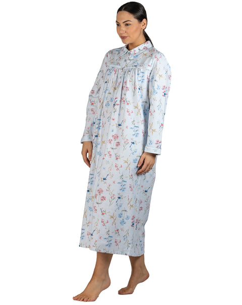 Botanical Flannelette Long Nightie Blue