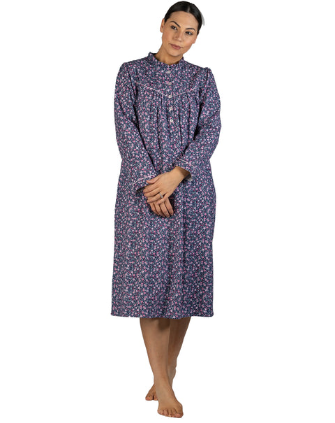 Rose Flannel Mid Length Nightie Navy