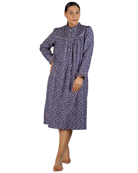 Rose Flannel Mid Length Nightie Navy