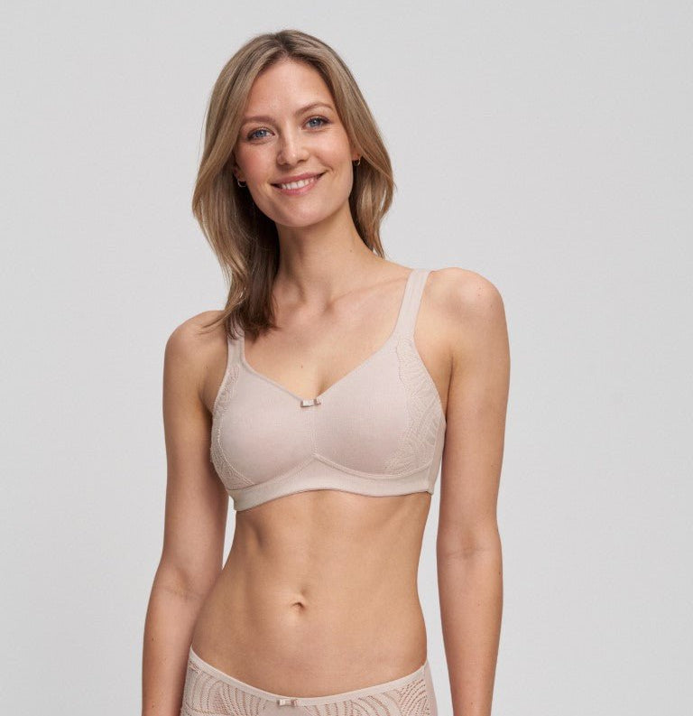 Front view of the Nizza Wirefree Minimizer Cotton Bra in Sand– soft cotton-rich wireless design for all-day comfort.