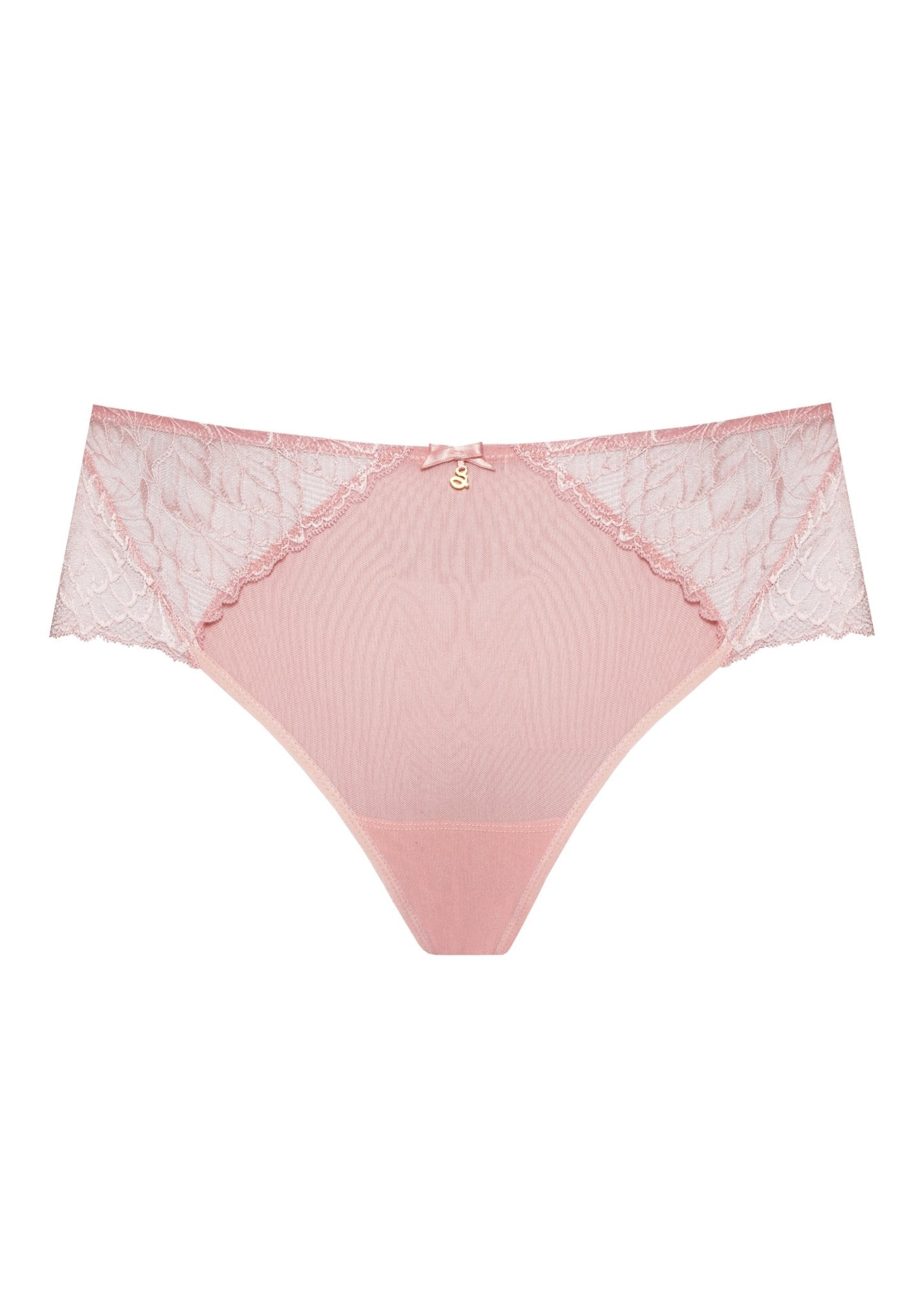 Amelia Midi Brief in Powder Rose by Samanta, featuring delicate German floral lace and a mid to high rise fit, available at The Foundation.