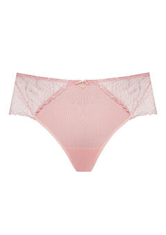 Amelia Midi Brief in Powder Rose by Samanta, featuring delicate German floral lace and a mid to high rise fit, available at The Foundation.