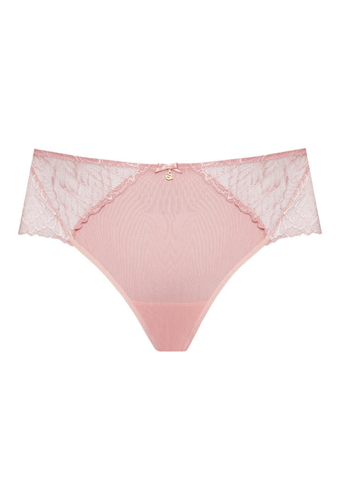 Amelia Midi Brief in Powder Rose by Samanta, featuring delicate German floral lace and a mid to high rise fit, available at The Foundation.