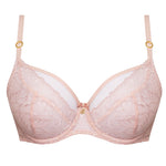 Amelia Soft Balcony Bra by Samanta in Powder Rose, close-up flatlay of lace, gold accents, and supportive balcony cups from The Foundation.