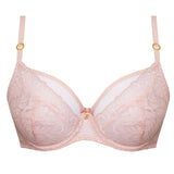 Amelia Soft Balcony Bra by Samanta in Powder Rose, close-up flatlay of lace, gold accents, and supportive balcony cups from The Foundation.