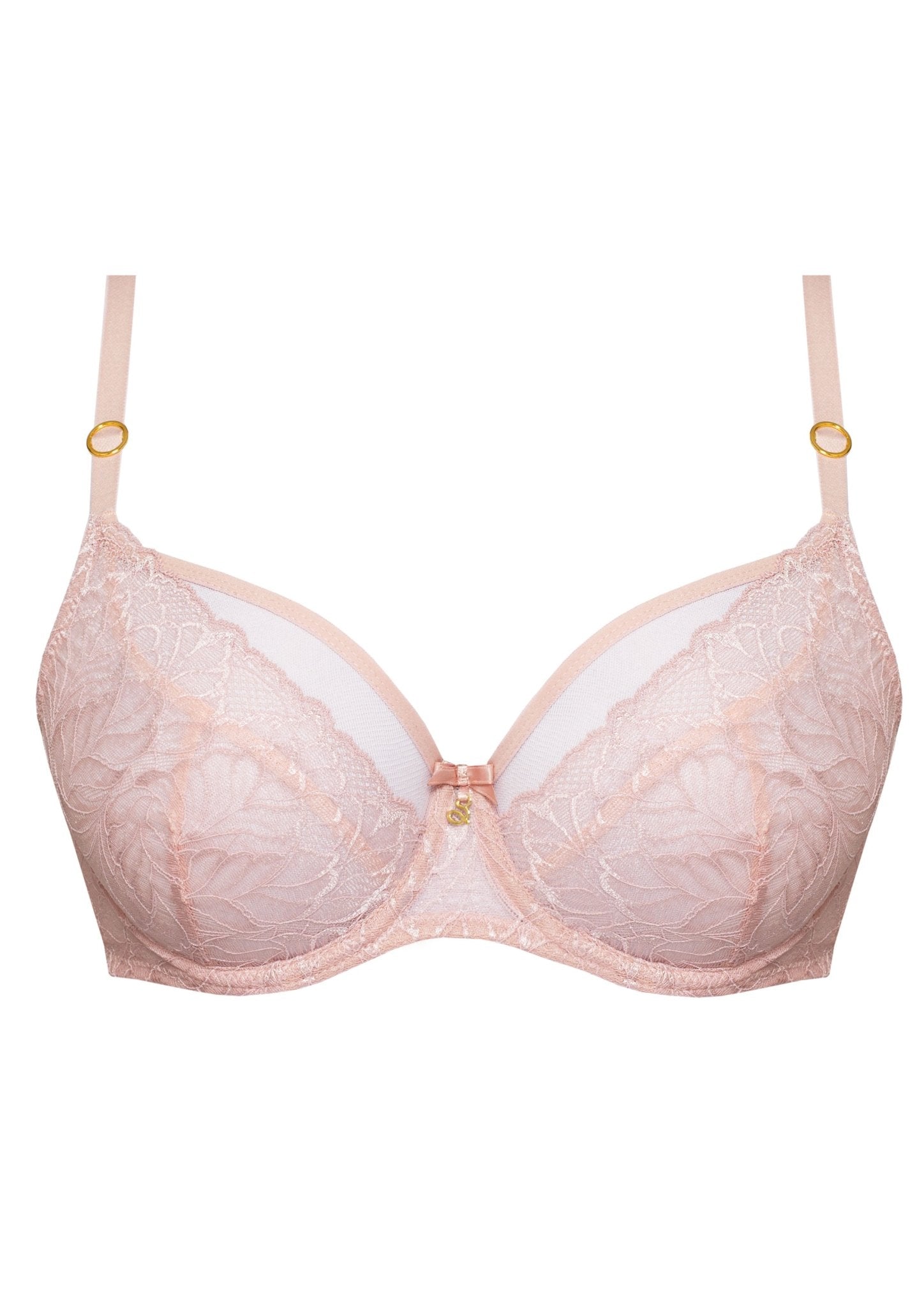 Amelia Soft Balcony Bra by Samanta in Powder Rose, close-up flatlay of lace, gold accents, and supportive balcony cups from The Foundation.