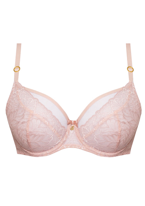 Amelia Soft Balcony Bra by Samanta in Powder Rose, close-up flatlay of lace, gold accents, and supportive balcony cups from The Foundation.