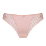 Amelia Thong Brief in Powder Rose by Samanta, featuring German floral lace and gold trim, available at The Foundation.
