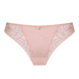 Amelia Thong Brief in Powder Rose by Samanta, featuring German floral lace and gold trim, available at The Foundation.