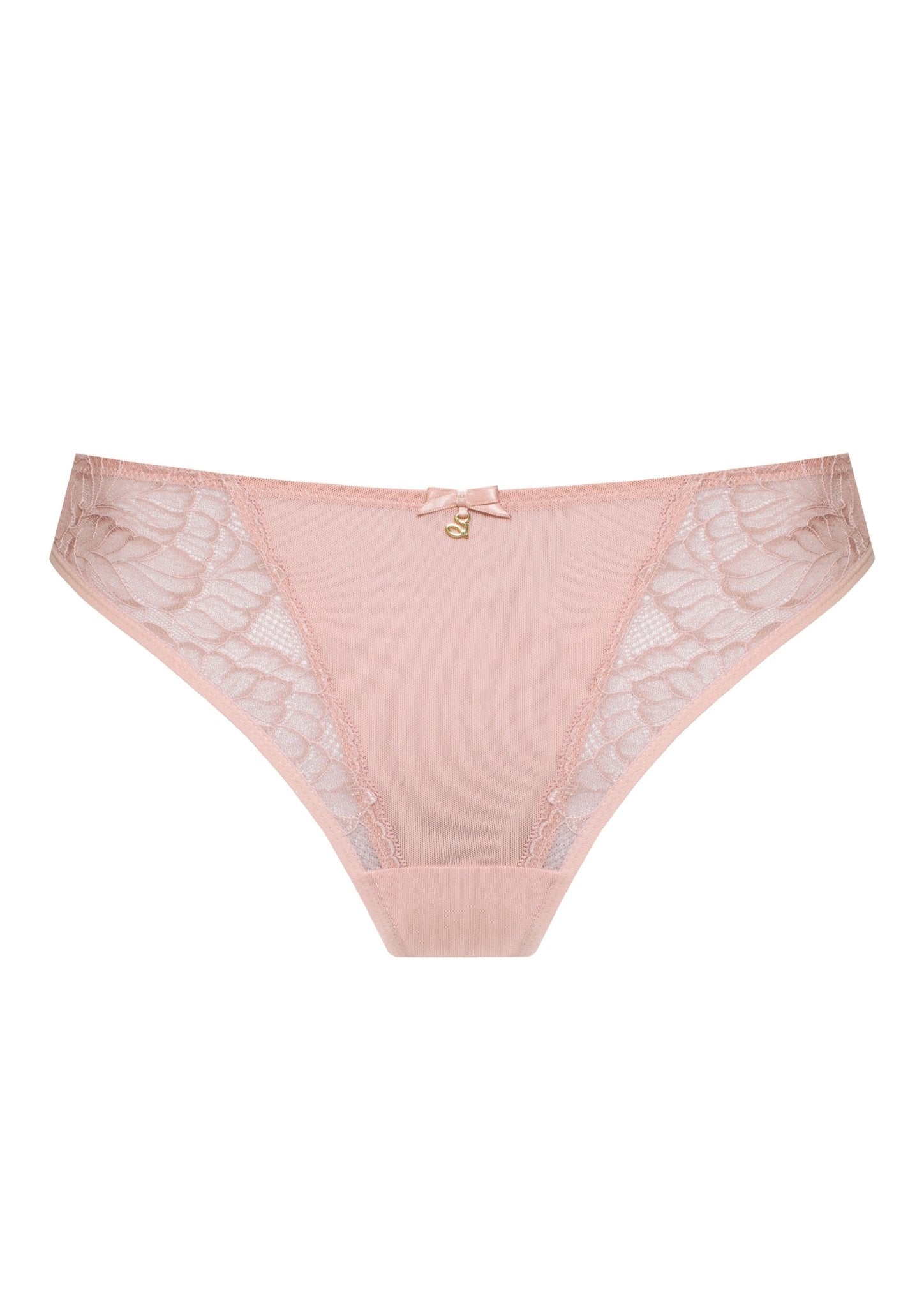 Amelia Thong Brief in Powder Rose by Samanta, featuring German floral lace and gold trim, available at The Foundation.
