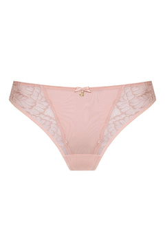 Amelia Thong Brief in Powder Rose by Samanta, featuring German floral lace and gold trim, available at The Foundation.
