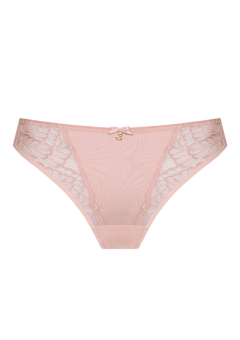 Amelia Thong Brief in Powder Rose by Samanta, featuring German floral lace and gold trim, available at The Foundation.