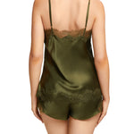 Back view of Scarlett Silk Cami in Olive, showing elegant silk finish and delicate lace trim along the back.