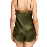 Back view of Scarlett Silk Cami in Olive, showing elegant silk finish and delicate lace trim along the back.