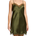 Front view of Scarlett Silk Chemise in Olive, crafted from pure silk and detailed with elegant eyelash lace at the neckline and hem.