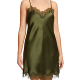 Front view of Scarlett Silk Chemise in Olive, crafted from pure silk and detailed with elegant eyelash lace at the neckline and hem.