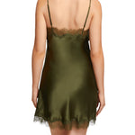 Back view of Scarlett Silk Chemise in Olive, highlighting the luxurious silk fabric and intricate lace trim at the back and hem.