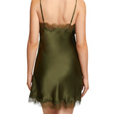 Back view of Scarlett Silk Chemise in Olive, highlighting the luxurious silk fabric and intricate lace trim at the back and hem.