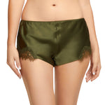 Front view of Scarlett Silk French Knicker in Olive, featuring smooth silk fabric and eyelash lace trim at the sides.