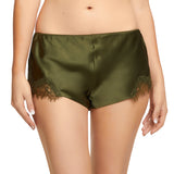 Front view of Scarlett Silk French Knicker in Olive, featuring smooth silk fabric and eyelash lace trim at the sides.
