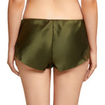 Back view of Scarlett Silk French Knicker in Olive, showing lustrous silk and delicate lace details.