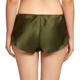 Back view of Scarlett Silk French Knicker in Olive, showing lustrous silk and delicate lace details.