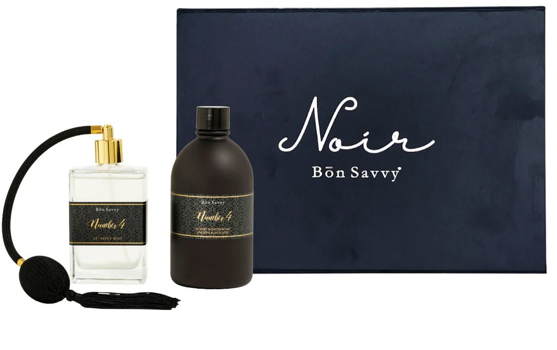 Bon Savvy Noir Gift Set featuring fragrance spray, black wash bottle, and gift box with white satin ribbon.