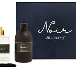Bon Savvy Noir Gift Set featuring fragrance spray, black wash bottle, and gift box with white satin ribbon.