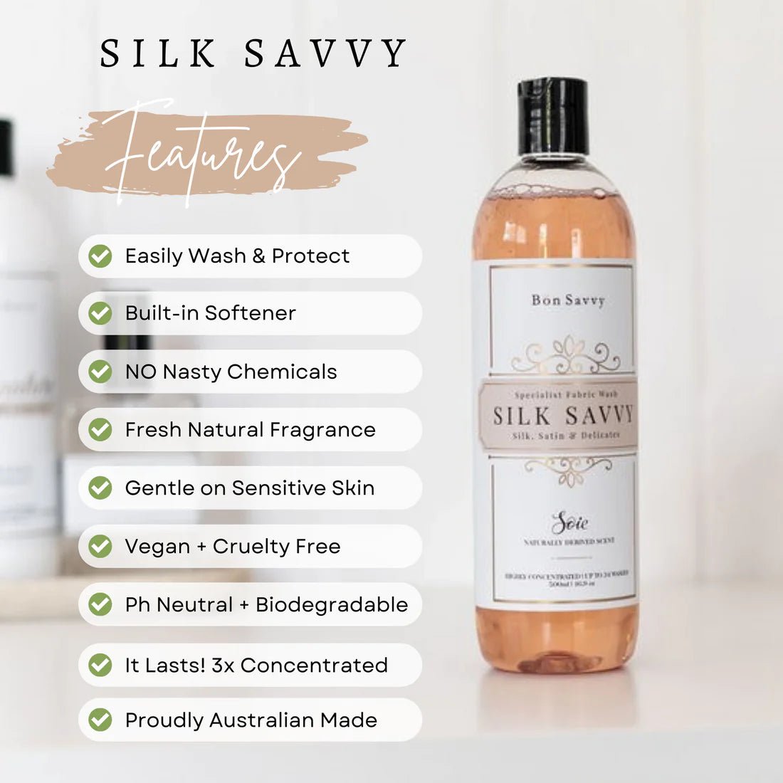 Bon Savvy Silk Savvy Laundry Liquid bottle and information card highlighting ingredients and fabric care instructions.